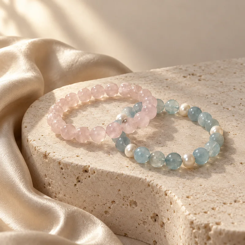 Styling concept: rose quartz and aquamarine bracelets on ivory stone